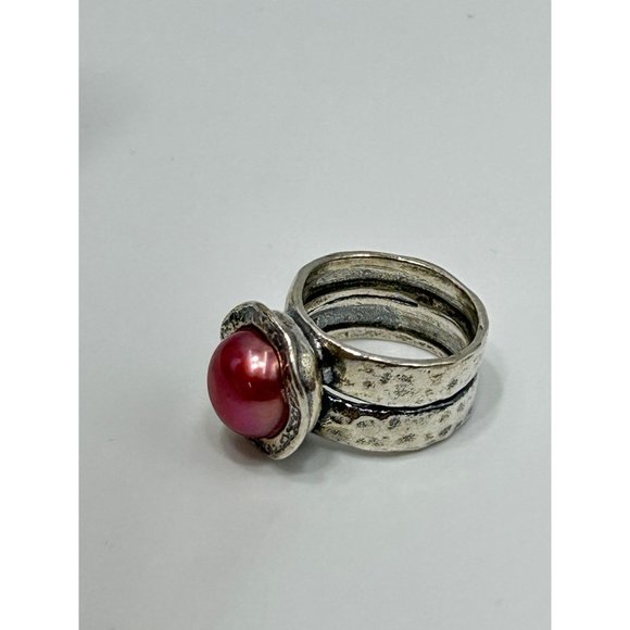 Didae Israel Sterling Silver Dyed Red Pearl Ring Size 5 925 Hammered Design - Picture 3 of 11